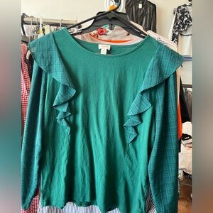 J. Crew Teal Ruffle Long Sleeve Top
